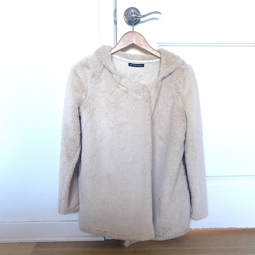 Brandy Melville Cream Teddy Hooded Faux Fur Jacket Coat - Picture 5 of 11